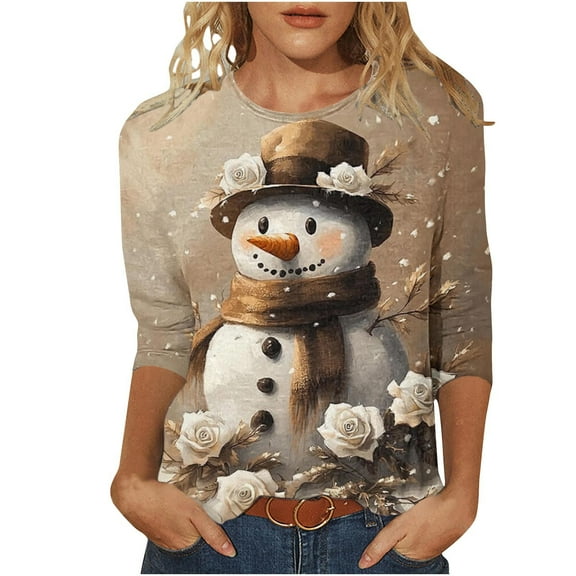 successthop Womens Christmas Funny Shirts Snowman Plus Size 3/4 Sleeve Tee Oversized Crewneck Top Loose Clothes White