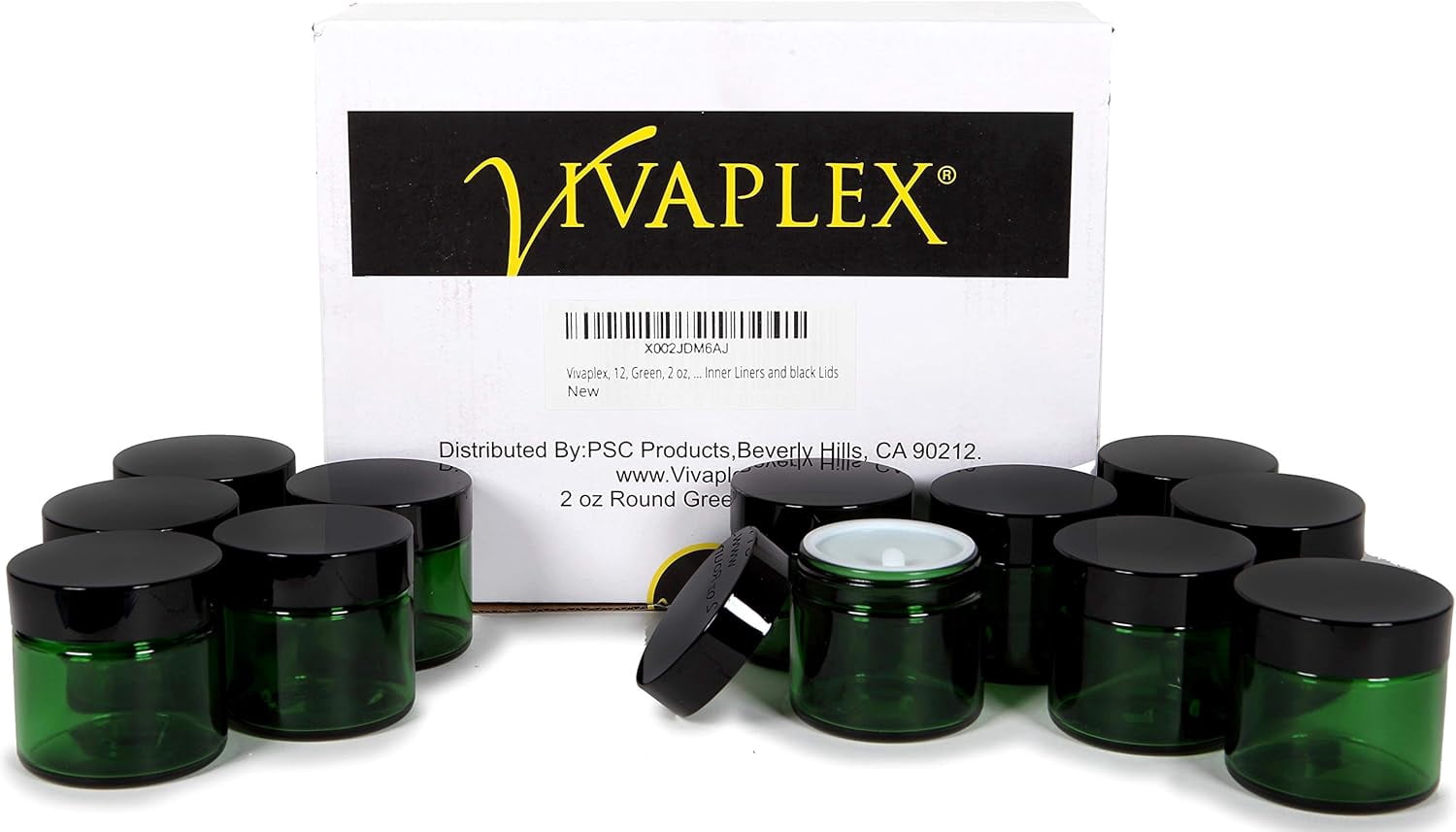 Vivaplex, 12, Green, 2 oz, Round Glass Jars, with Inner Liners and black Lids