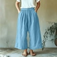 thumbnail image 2 of Simua Women's Wide Leg Faux Linen Pants Solid Color Elastic Waistband Button Cropped Baggy Trouser with Pockets, 2 of 7