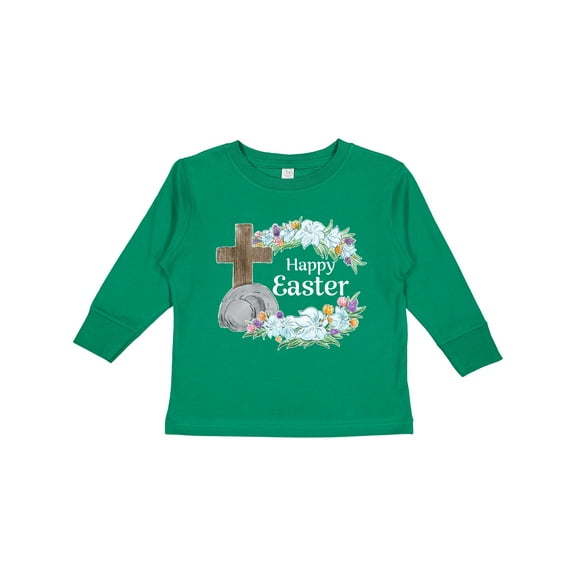 Inktastic Happy Easter with Cross and Flowers Boys or Girls Long Sleeve Toddler T-Shirt