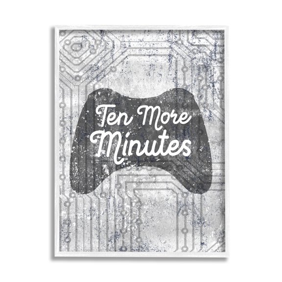 Stupell Industries Ten More Minutes Video Game Controller Gaming Grey White Words Graphic Art White Framed Art Print Wall Art, 16x20, by Daphne Polselli