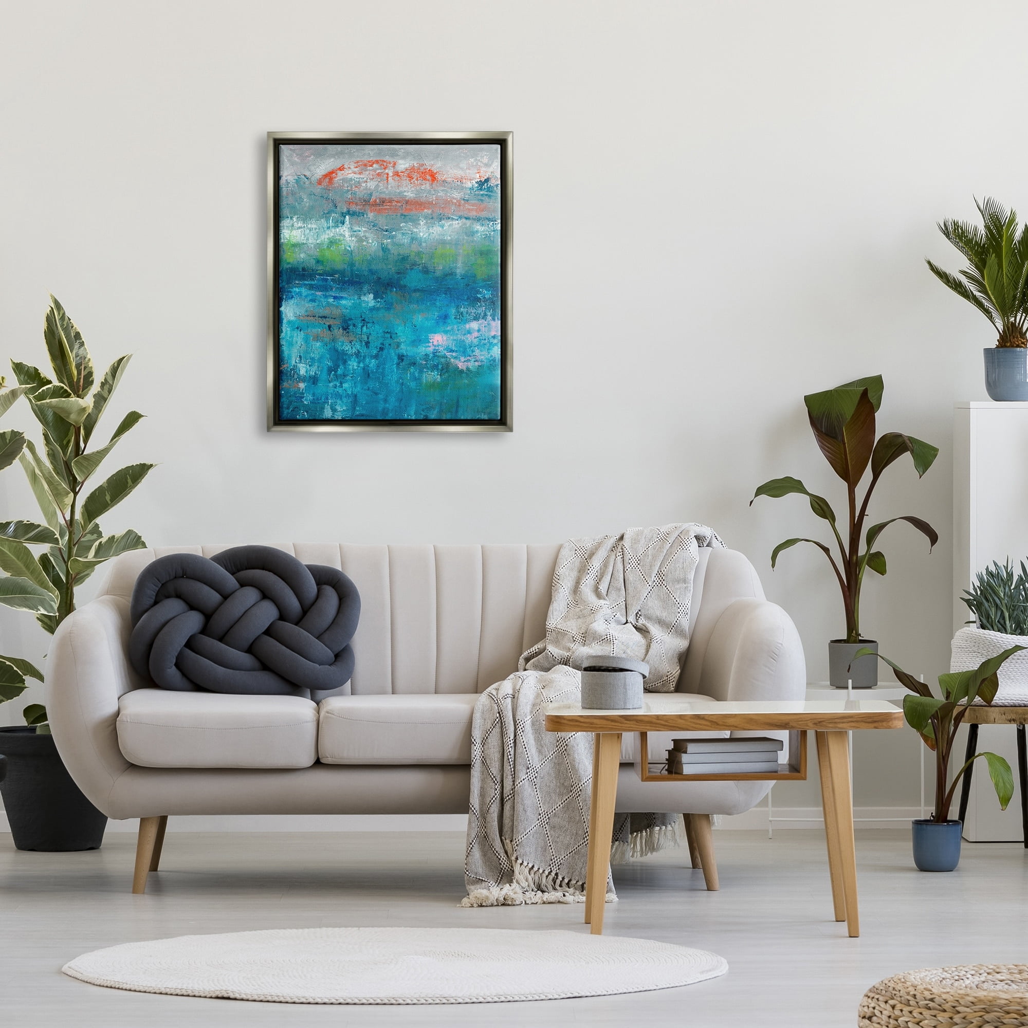 Stupell Industries Detailed Paint Stroke Overlays Deep Blue Red Accent Painting Luster Gray Floating Framed Canvas Print Wall Art, Design by Jeff Iorillo