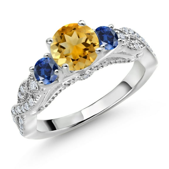 Gem Stone King 925 Sterling Silver Yellow Citrine Blue Created Sapphire and White Moissanite Engagement Ring for Women (1.35 Cttw, Gemstone November Birthstone, Round 6MM and 3MM, Size 9)