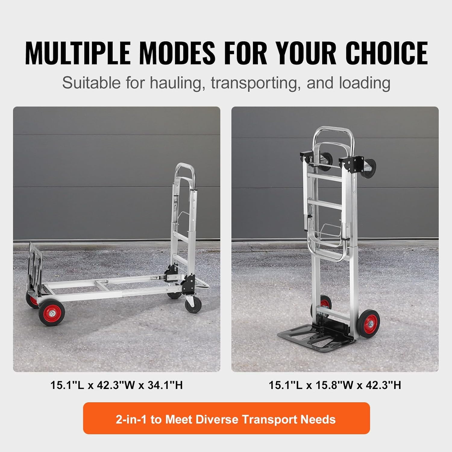 Aluminum Folding Hand Truck 2-in-1 Design 400 lbs Capacity Heavy Duty Collapsible Cart with Rubber Wheels for Warehouse Supermarket Garden