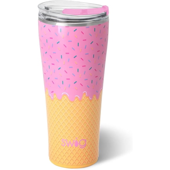 Swig Life 32oz Insulated Tumbler, Travel Coffee Tumbler with Lid, Cup Holder Friendly Travel Coffee Mug, Stainless Steel, 32 oz, Reusable Insulated Mug with Lid (Scoop There It Is)