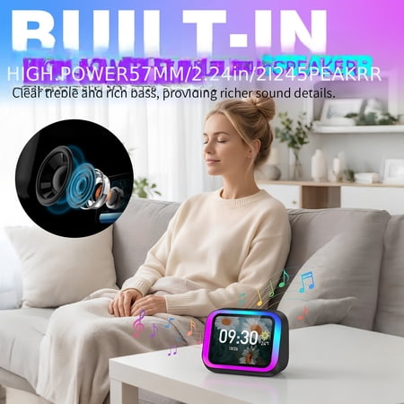 AI Smart Speaker Alarm Clock Hi-Fi Stereo Wireless Bluetooth Speaker Dynamic RGB Light Smart Display Voice Assistant Call Function 2500mAh Rechargeable Portable Bedside Digital Clock Short Title