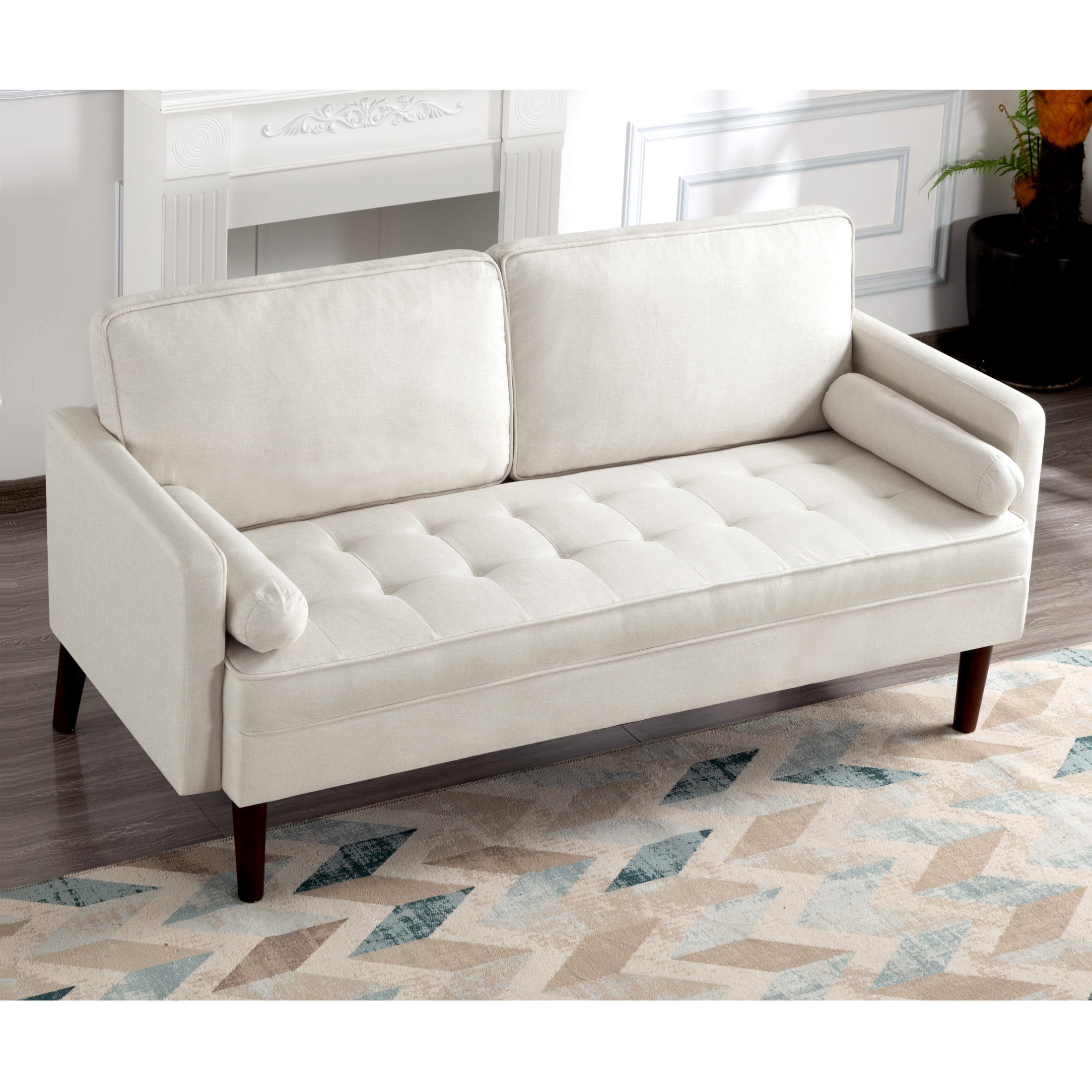 Gewnee 65" Modern Loveseat Couch, Upholstered Sofa with Removable Back Cushion and 2 Bolster Pillows, Contemporary Loveseat for Living Room, Home Office, Bedroom(White)