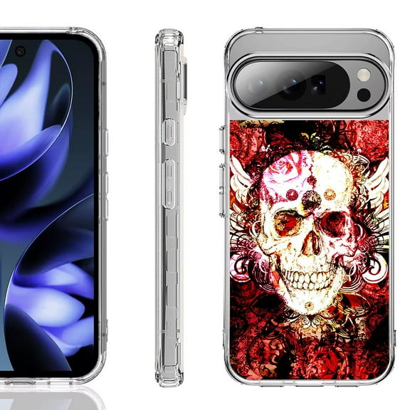 For Google Pixel 10 / 10 Pro Shockproof Phone Case, by OneToughShield - Rose Skull