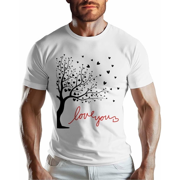 T-Shirts for Men, Black Heart Tree Crew Neck Cotton T-Shirt Men's Short Sleeve Valentine's Day Hearts Love You