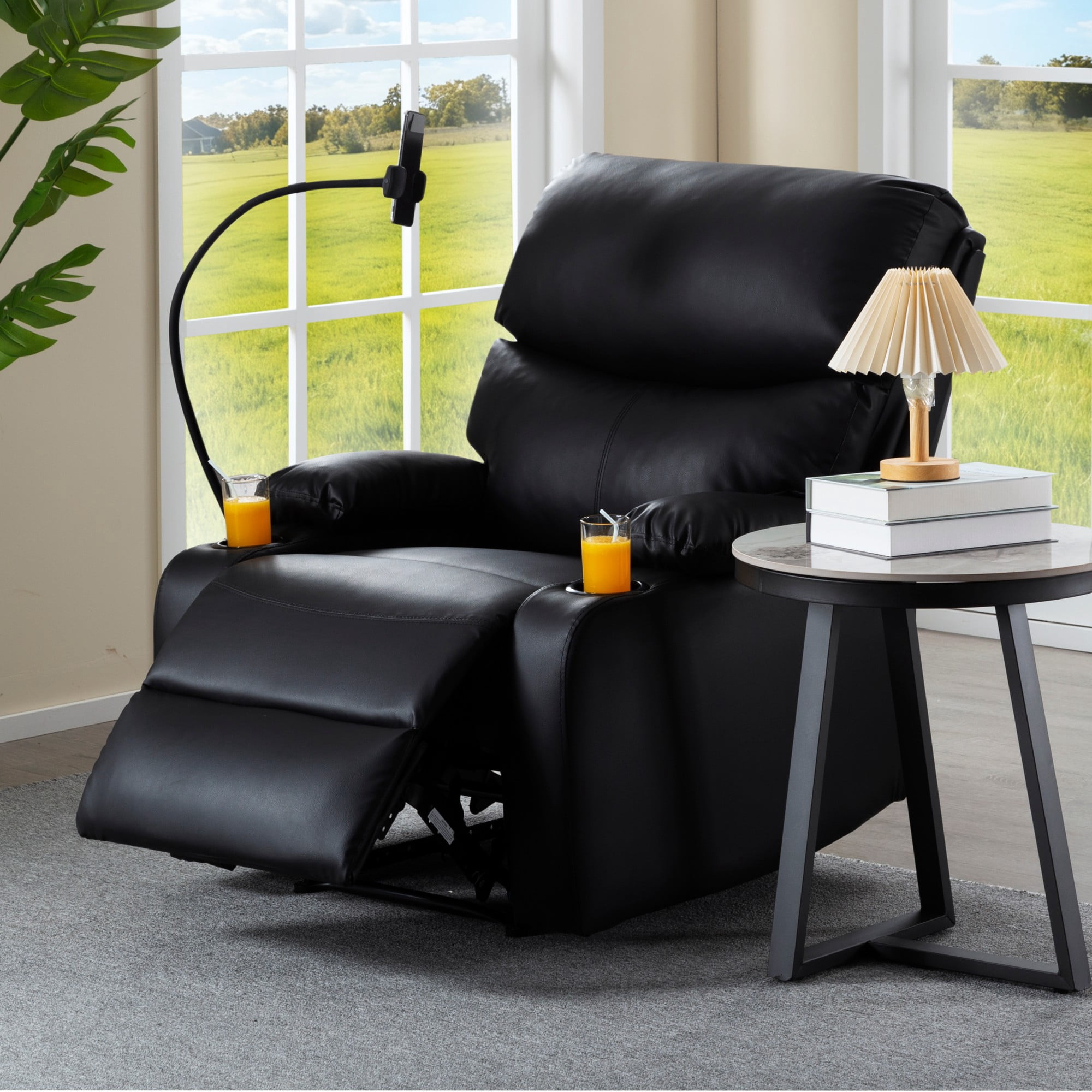 Gewnee Black PU Manual Recliner - Solid Wood & Metal Frame, Foam Cushion with Phone/Cup Holders for Home Office