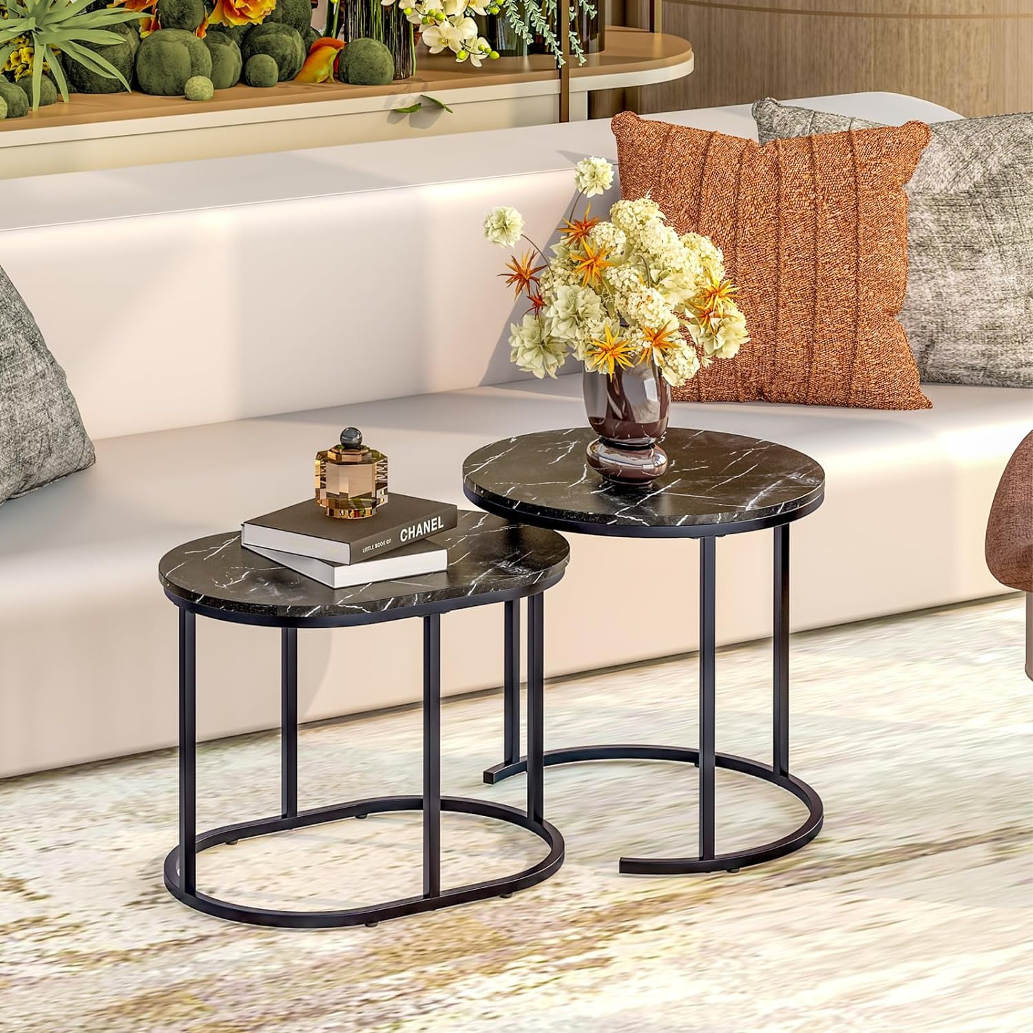 aboxoo Nesting Coffee Table Set of 2 Modern Round Black Faux Marble Wood Table,Side Table Gold Metal Frame Oval End Table Small Space for Living Room,Bedroom,Studio Apartment Essential