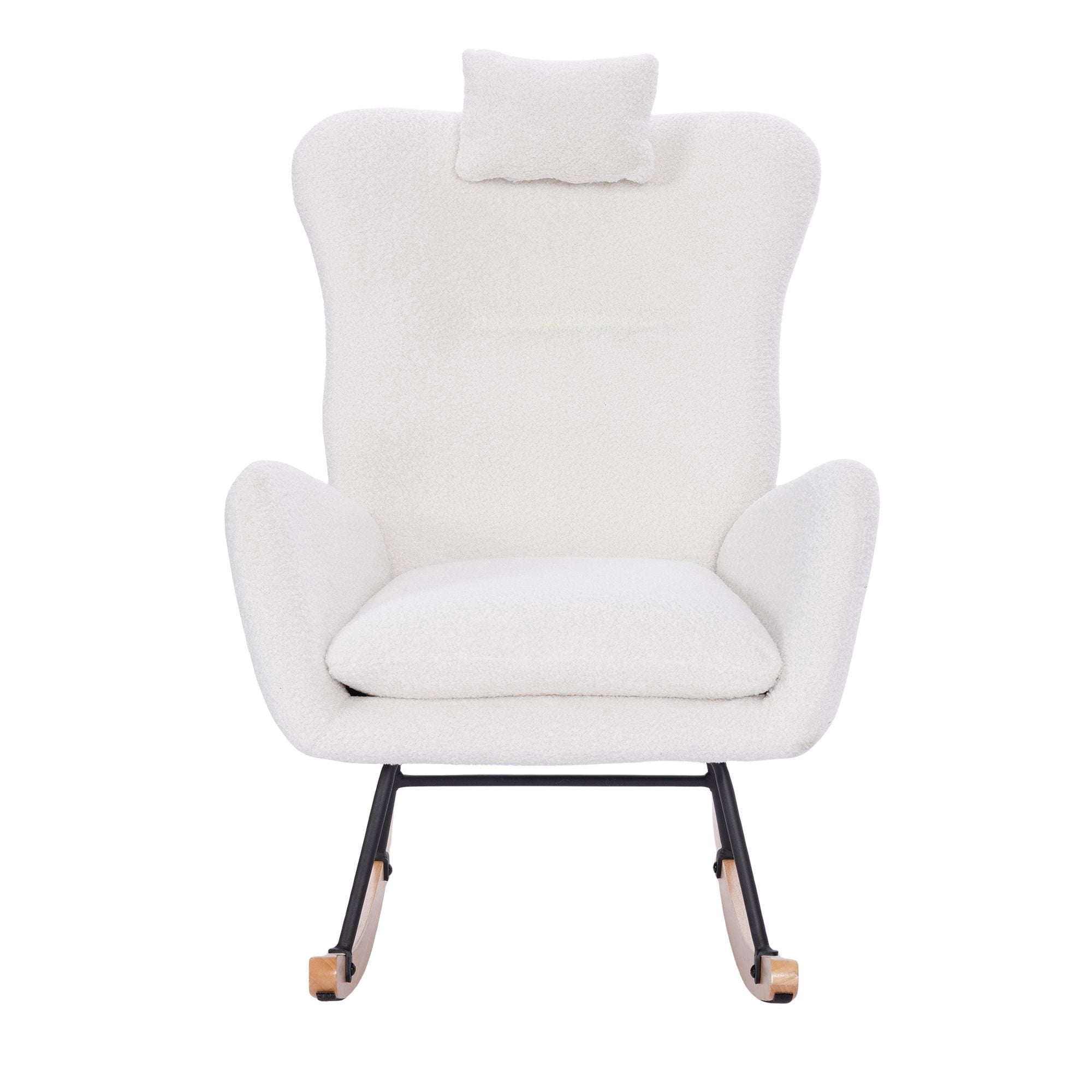 Upholstered Rocking Chair, Teddy Fabric Glider Rocker with High Backrest,Modern Rocking Accent Chair for Living Room, Nursery, Bedroom, White