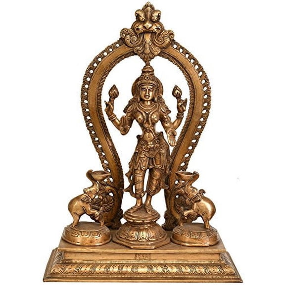 Exotic India Standing Goddess Lakshmi with Two Elephant Diyas (Gajalakshmi)
