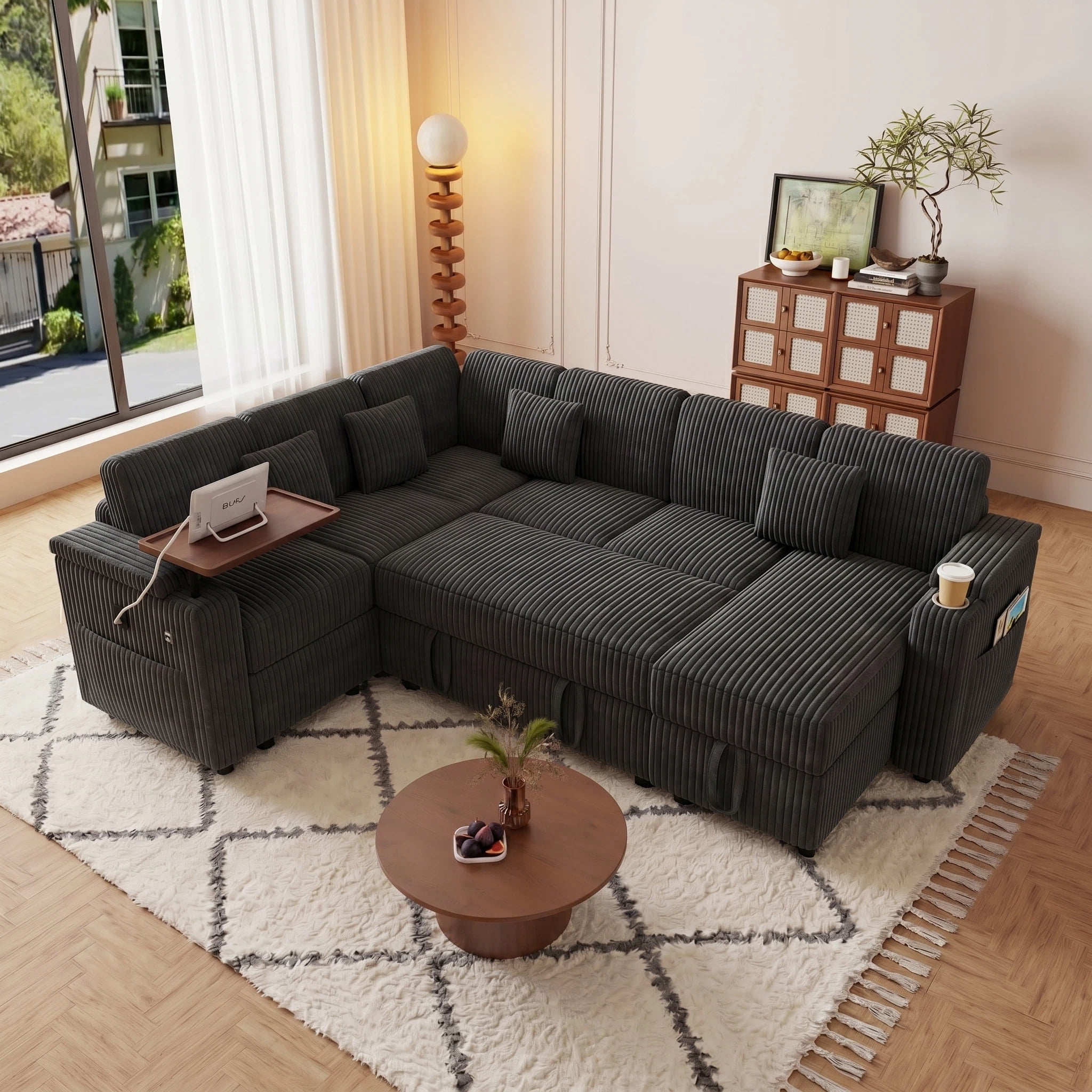 AISWORD 100" Modular U Shaped Sectional Sofa Bed with Pull Out Bed, Large 7‑Seat Convertible Couch with Storage Chaise, USB Charging Ports & Cup Holders, Dark Gray