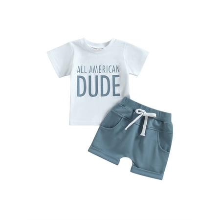 

Toddler Baby Boy Clothes Independence Day Letters Print Round Neck Cotton T-shirt+Pockets Shorts Summer 2pcs