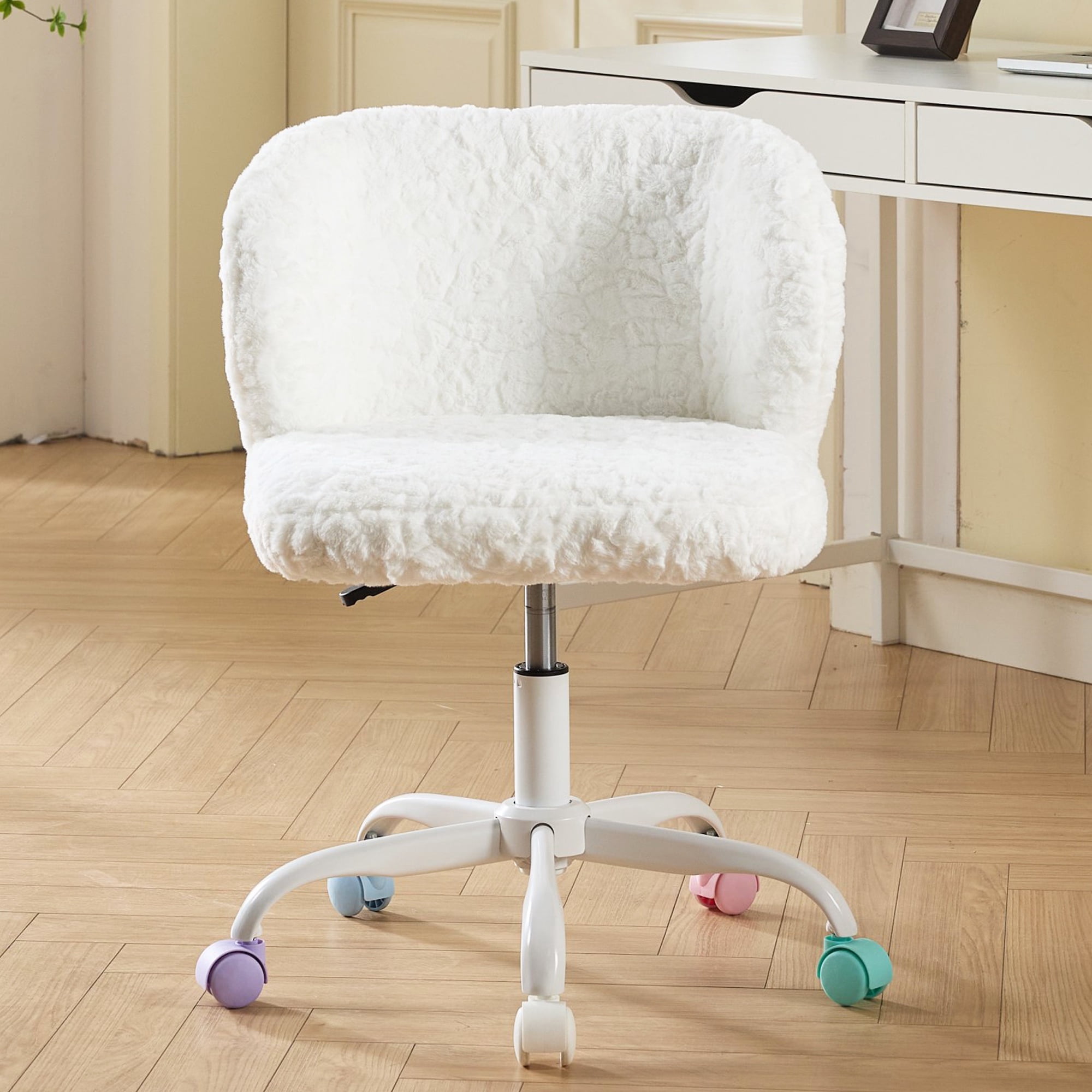 PAPROOS Vanity Chair with Wheels, Home Office Chair, Cute Makeup Desk Chair with Artificial Alpaca Wool Fabric, Adjustable Swivel Task Computer Chair for Bedroom, Ivory