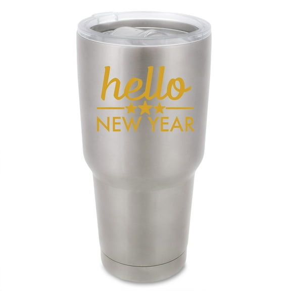 100 North 30 Ounce Stainless Steel On the Go Travel Tumbler With Push Top Lid, Hello New Year Silver