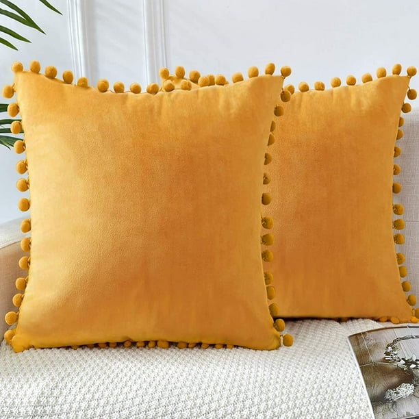 Set of velvet pillows with pompoms solid color pillowcases with hidden zippers decorative cushion covers pillows seat cushions decorative cushions couch cushions for sofa office car Walmart
