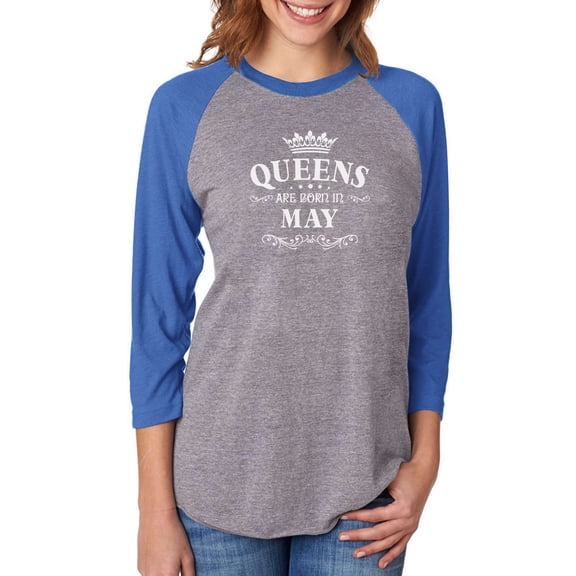 QUEENS Are Born In May Birthday Gift 3/4 Women Sleeve Baseball Jersey Shirt XX-Large blue/gray