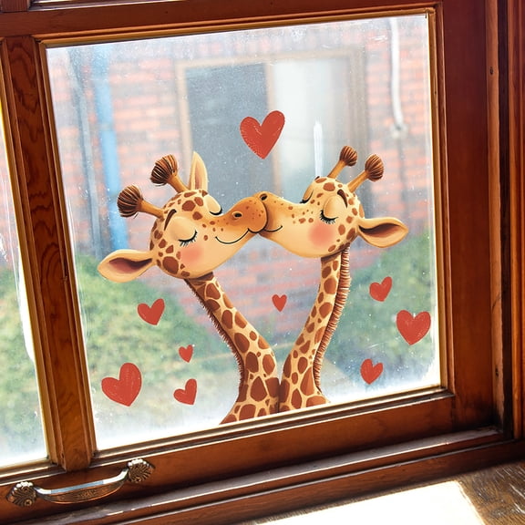 Rirozkan Valentines Window Stickers, Love Giraffe Window Clings, Removable PVC Wall Decals, Cute Cartoon Couple Decor for Window and Home Background