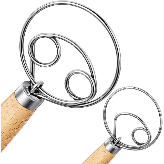 2 batidores de masa daneses, batidores de pan, batidores holandeses, batidores daneses de madera, batidores de repostería de acero inoxidable de primera calidad de 13 pulgadas, herramienta de cocina p