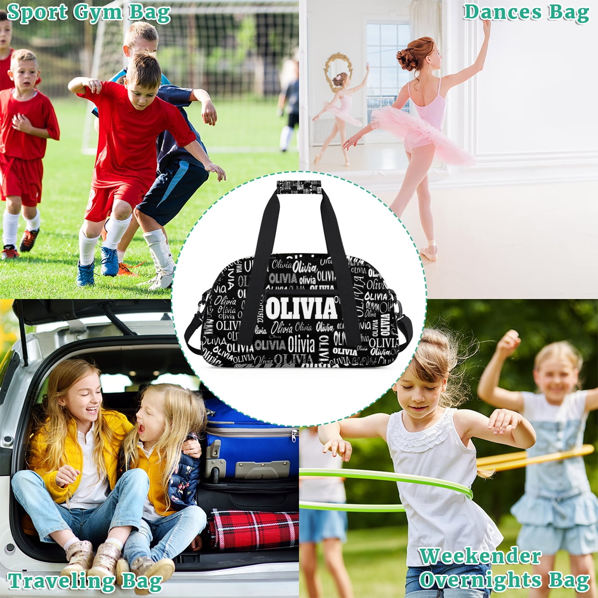 Personalized Names Sport Duffle Bag Kids Teens Travel Weekender Lightweight Bags, Black