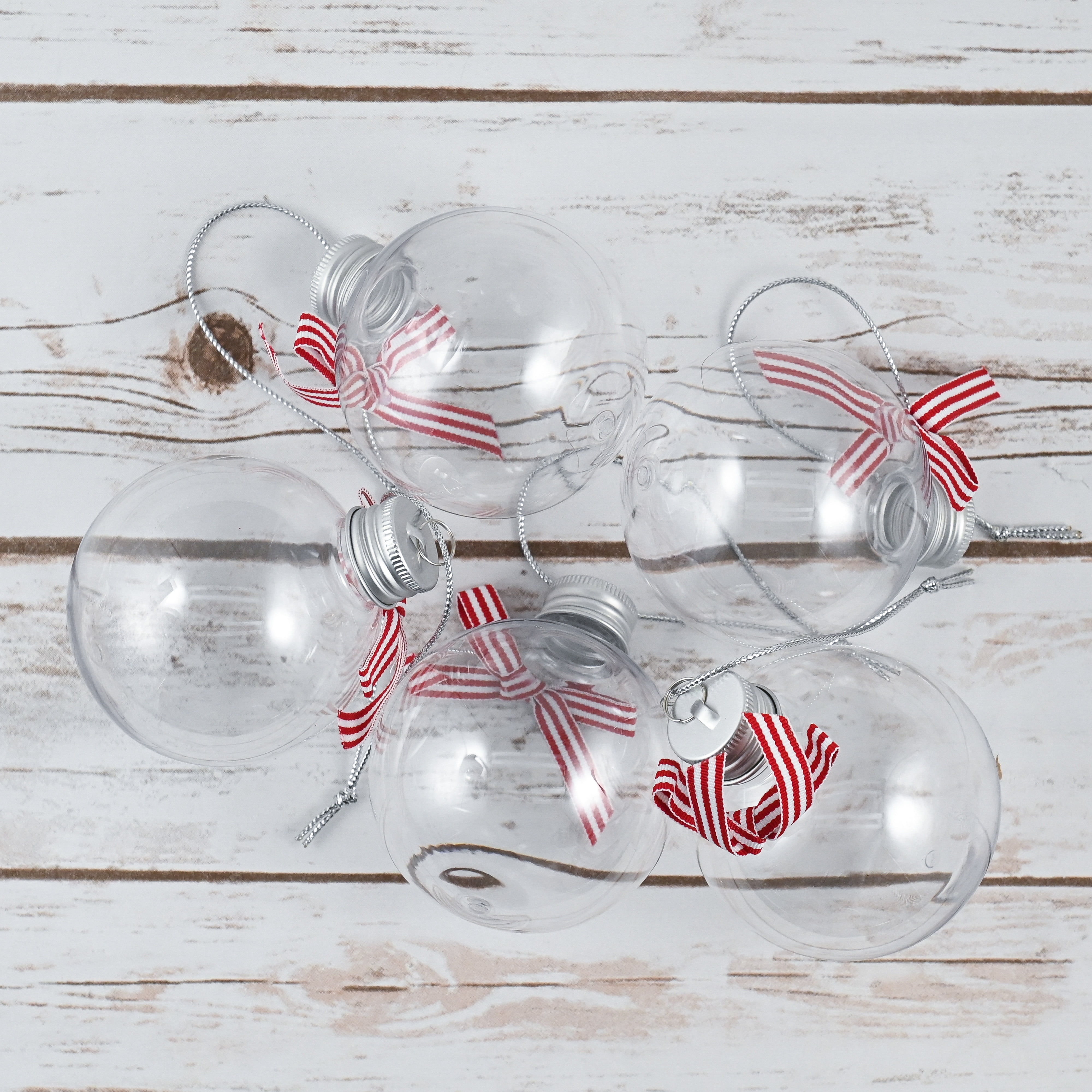 R N' D Toys Clear Fillable Ornaments Shatterproof Transparent Plastic Craft Ornament Balls Décor, Red, White Ribbon - DIY Christmas Sphere Pack of 24