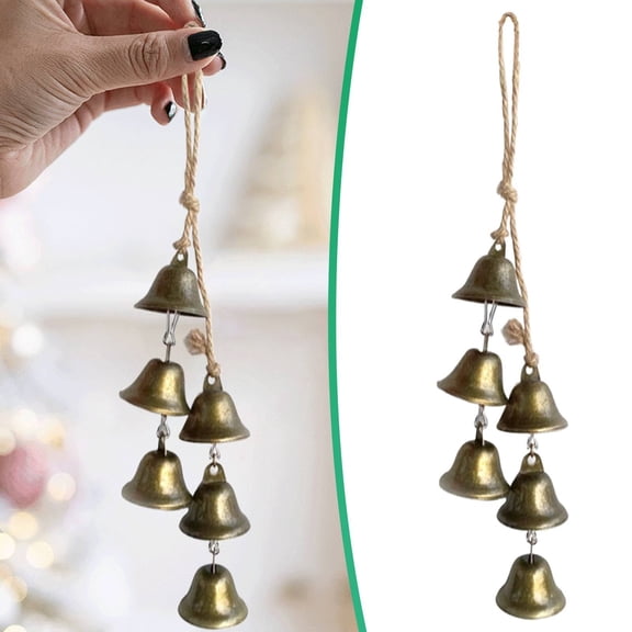 Household Wind Chimes, Set of 6 Christmas Brass Cow Bells, Shabby Style Metal Hanging Decor, Farmhouse Holiday Bells for Christmas Tree, Wreath, and Door Decorations