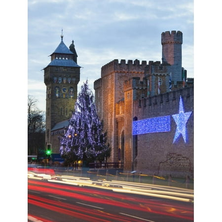 South Cave Castle Christmas Cardiff Castle with Christmas Lights and Traffic Light Trails, Cardiff, South Wales, Wales, United Print Wall Art By Billy Stock ()