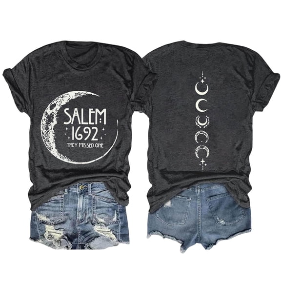 Trendfront Womens Witchy Salem 1692 Moon Phase Graphic T Shirt Crewneck Short Sleeve Goth Halloween Double Sided Print Casual Tops
