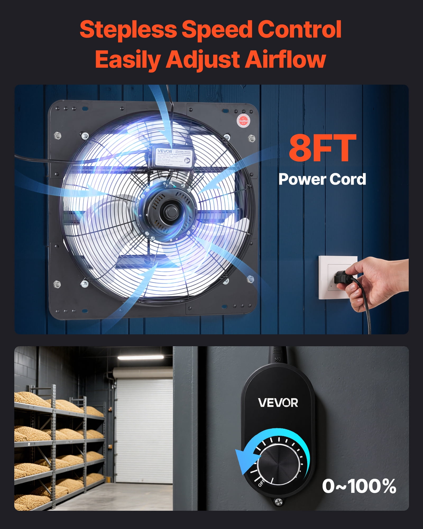 VEVOR 18 inch Shutter Exhaust Fan, Wall Mounted Attic Vent Fan with Variable Speed Controller, 2200 CFM, AC Motor, Heavy-duty Steel, Low Noise for Shed, Garage, Greenhouse Ventilation Cooling