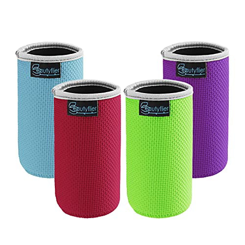 red/green/light blue/purple 12oz Beautyflier Pack of 4 Anti-Slip Embossed Neoprene Bottle Insulator Sleeve 3mm Thick Collapsible Drink Can Cover for BBQ Camping Party 