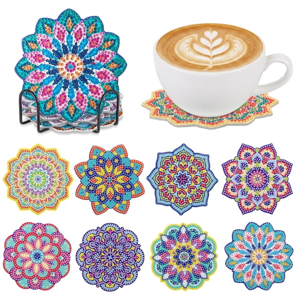 AOWOO 8 Pcs Mandala Diamond Painting Coasters Kit with Holder, Hardwood Bases DIY Flowers Dot Painting Coaster Gift Set for Beginners 4x4 Inch