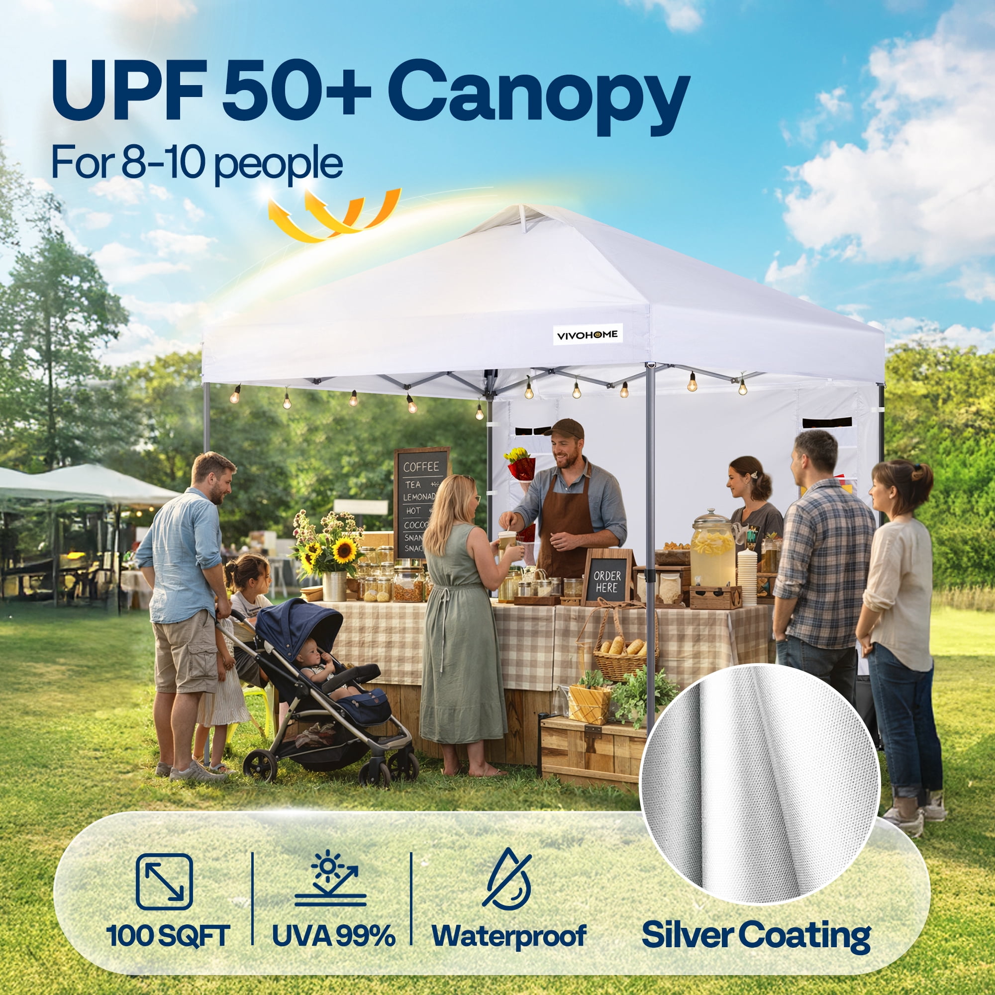 SPECSTAR 10'x10' Pop Up Canopy, One Push Set-up Tent with 1 Sidewall for Outdoor, White