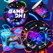 Video Game Birthday Decorations Tableware,113Pcs Game On Birthday Party Tableware Set-Video Game Birthday Plates Napkins Cups Tablecloth etc Glowing Game Party Tableware for Video Game Party Supplies