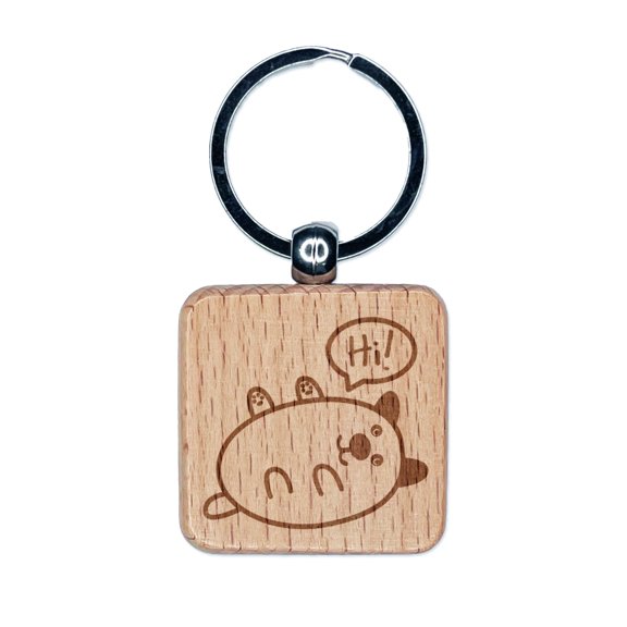 Pug Dog Hi Hello Doodle Rub My Tummy Square Keychain Charm Tag - Engraved Wood