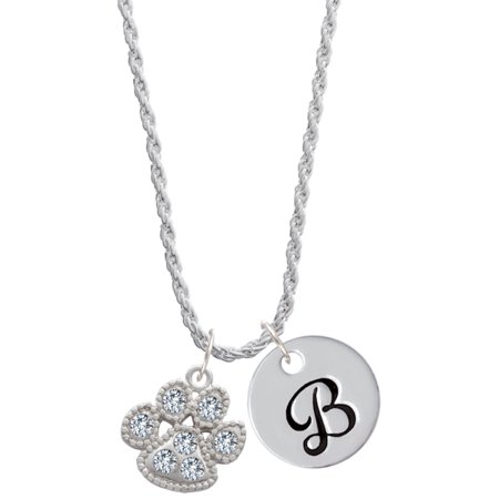 Delight Jewelry Silvertone Large Paw with Clear Crystals Silvertone Script Initial Disc - B - Charm Necklace 20 +3