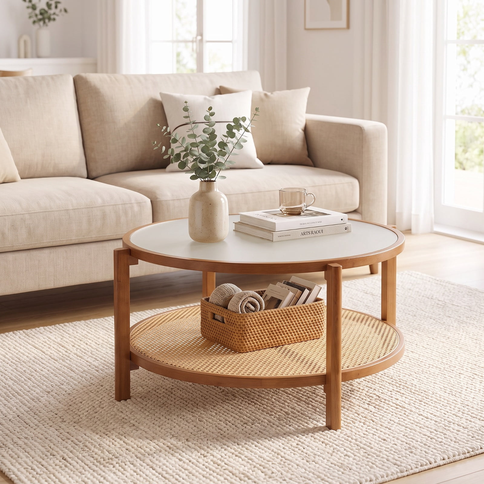 Furnibear 2 Tier Round Rattan Coffee Table with Frosted Tempered Glass Top and Acacia Wood Legs a Boho Living Room Center Table, Walnut