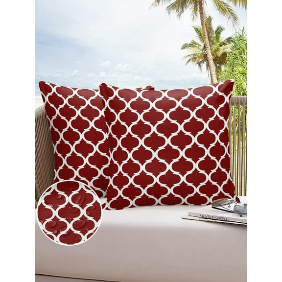 Outdoor Throw Pillow Cover Classic Moroccan Tile Geometric Art Waterproof Cushion Covers 2 Pack Retro Burgundy Pillow Cases Home Decoration for Patio Garden Couch Sofa