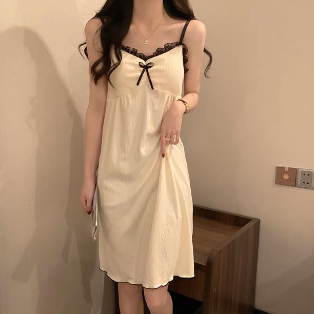 Camisones con cuello en V para mujer, ropa de dormir coreana, pijama de encaje, Camisón con lazo, ropa de casa con tirantes para el hogar