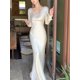 thumbnail image 2 of Elegante vestido largo de sirena de satén para mujer, vestido de fiesta de noche para boda, vestido de graduación, vestido de una pieza con escote en V y mangas largas, 2 of 5