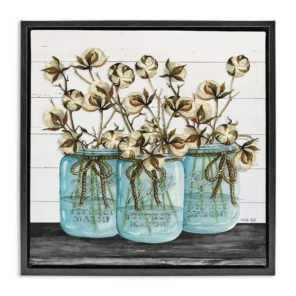 Stupell Industries Cotton in Rustic Jars Botanical & Floral Painting Black Floater Framed Canvas Art Print Wall Art, 18 x 18
