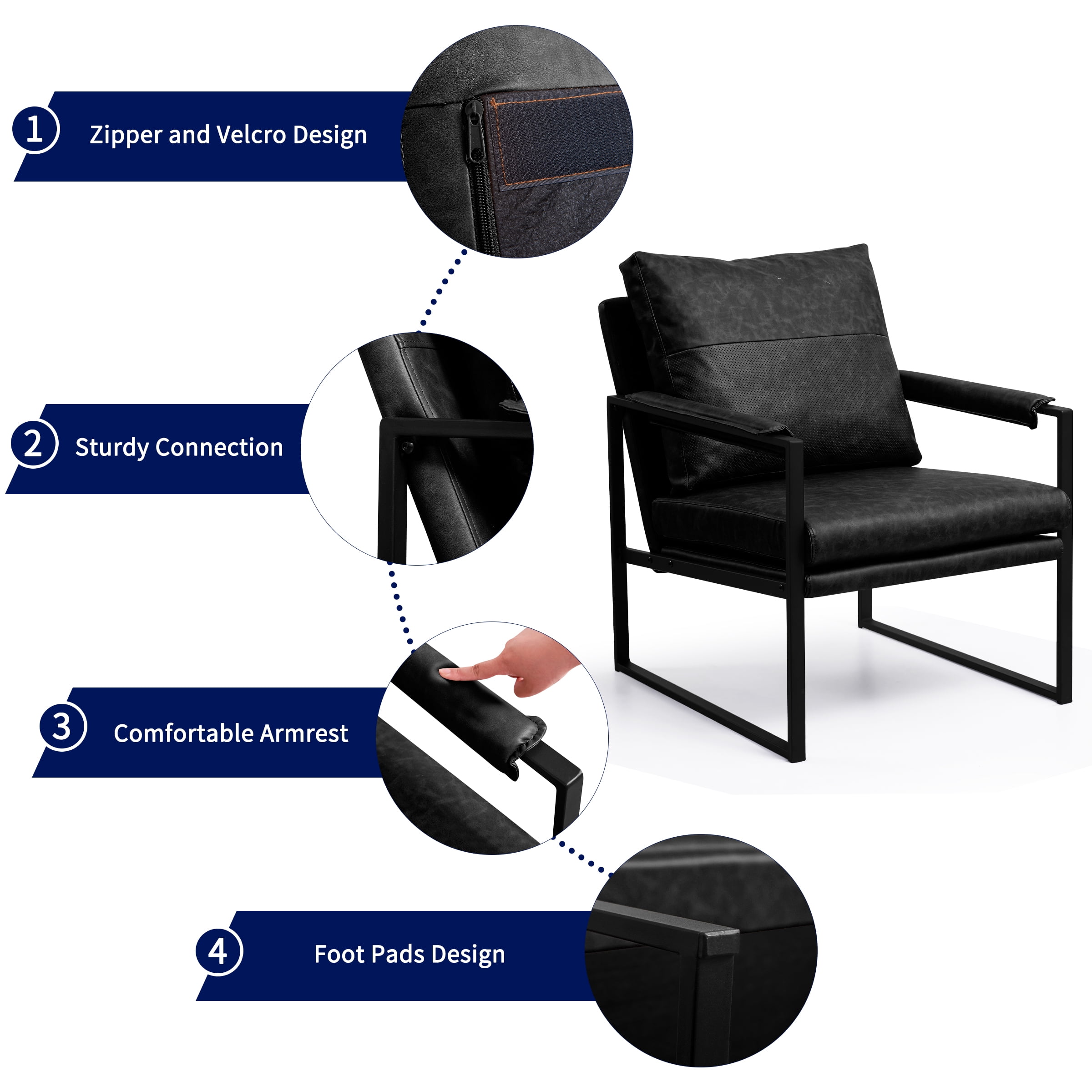 Subrtex Upholstered Modern Accent Chair with Metal Frame, Black PU Leather