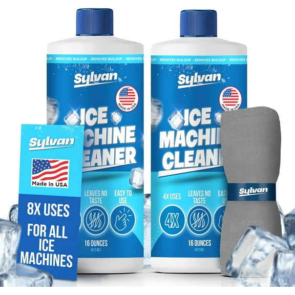 Sylvan Ice Machine Cleaner and Descaler | 2x 16 oz (8 uses) | Free Cloth | Made in USA | Nickel Safe Ice Maker Cleaner and Descaler | Universal Compatibility for Commercial & Residential Ice Makers
