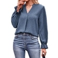 thumbnail image 4 of Hibeli Women Swiss Dot Pleated V Neck Long Sleeve Casual Solid Color Top, 4 of 7