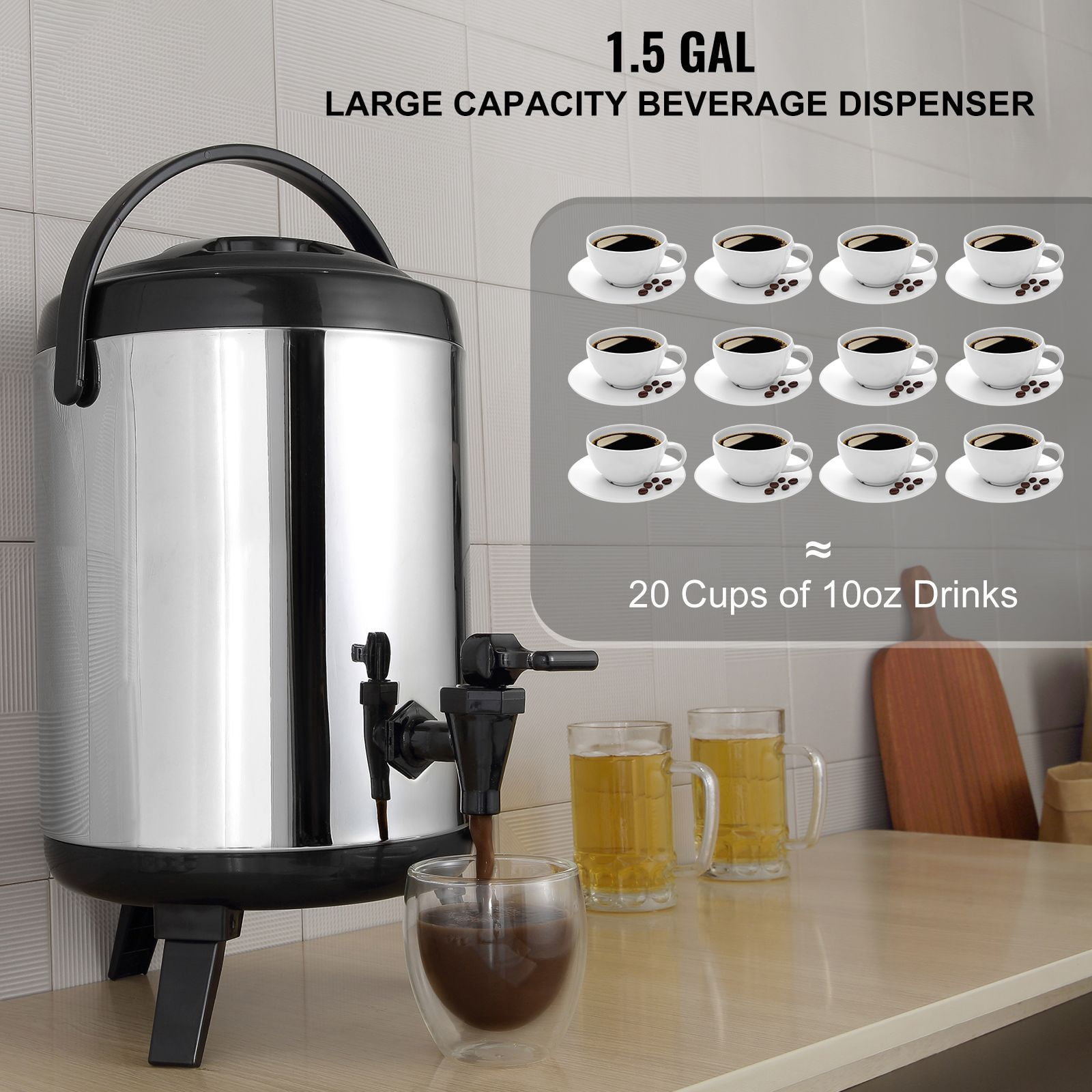1.5 Gallon Insulated Beverage Dispenser, Double-Wall Stainless Steel, 4-6 Hours Hot/Cold Retention, Food-Grade 304 Interior, Lightweight, for Coffee, Juice, Tea & Milk