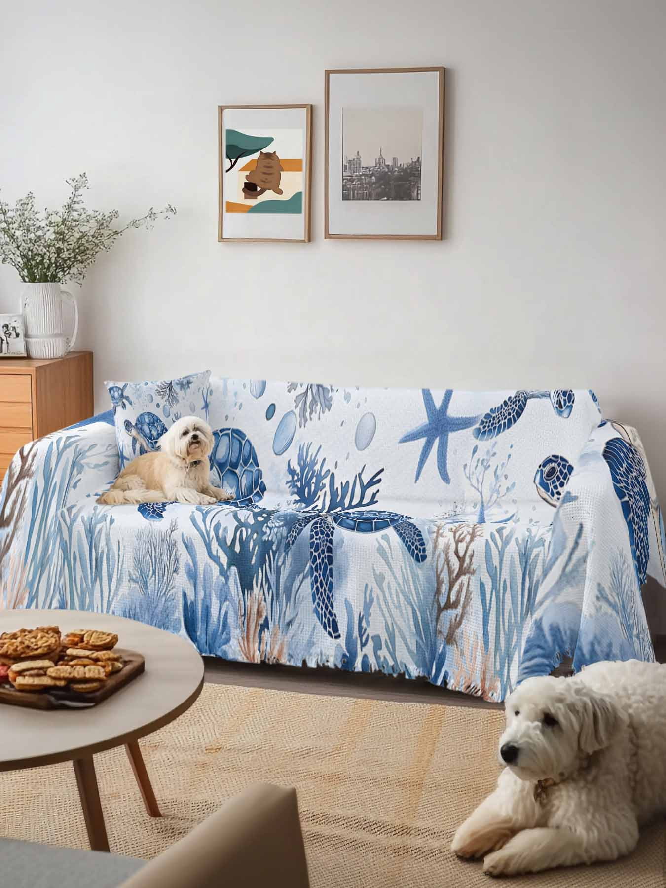 Summer Beach Coastal Sofa Covers for 2-3 Cushion Couch L-Shaped Sectional, Sea Turtle Coral Nautical Washable Sofa Covers Slipcover for Living Room Furniture, Couch Cover Blanket 71"x134"
