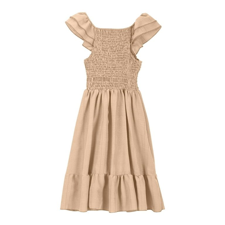 Gelikeya Milkmaid Dress for Girls Flowy Boho Dress Square Neck Flutter  Sleeve Graduation Dress Solid Color Summer Casual Dresses (Kids, Khaki, 7-8  Years)