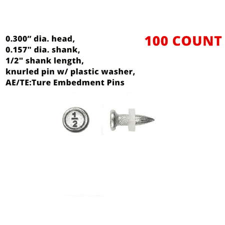 

1/2″ TE/AE True Embedment Drive Pins with Plastic Washer PAT Steel Concrete TE Pins Powder Actuated Fastener Actual Embedment Drive Pins 0.315 Diameter Head 0.157 Diameter Shank 100/PKG