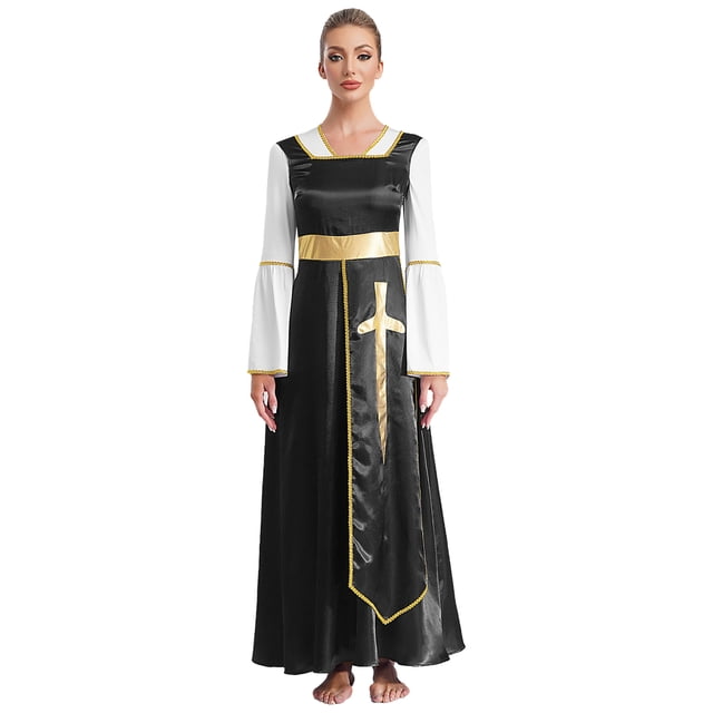 renvena Robe de Danse pour Femmes Croix Dorée avec Costume de Prière Tenue de Danse Noir&Blanc L